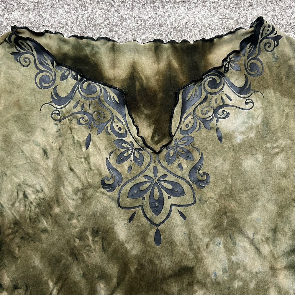 Retro y2k Boho Crop Top Green Tie‎ Dye Size L/XL Grunge Forest Lettuce Hem Bell - Picture 3 of 5